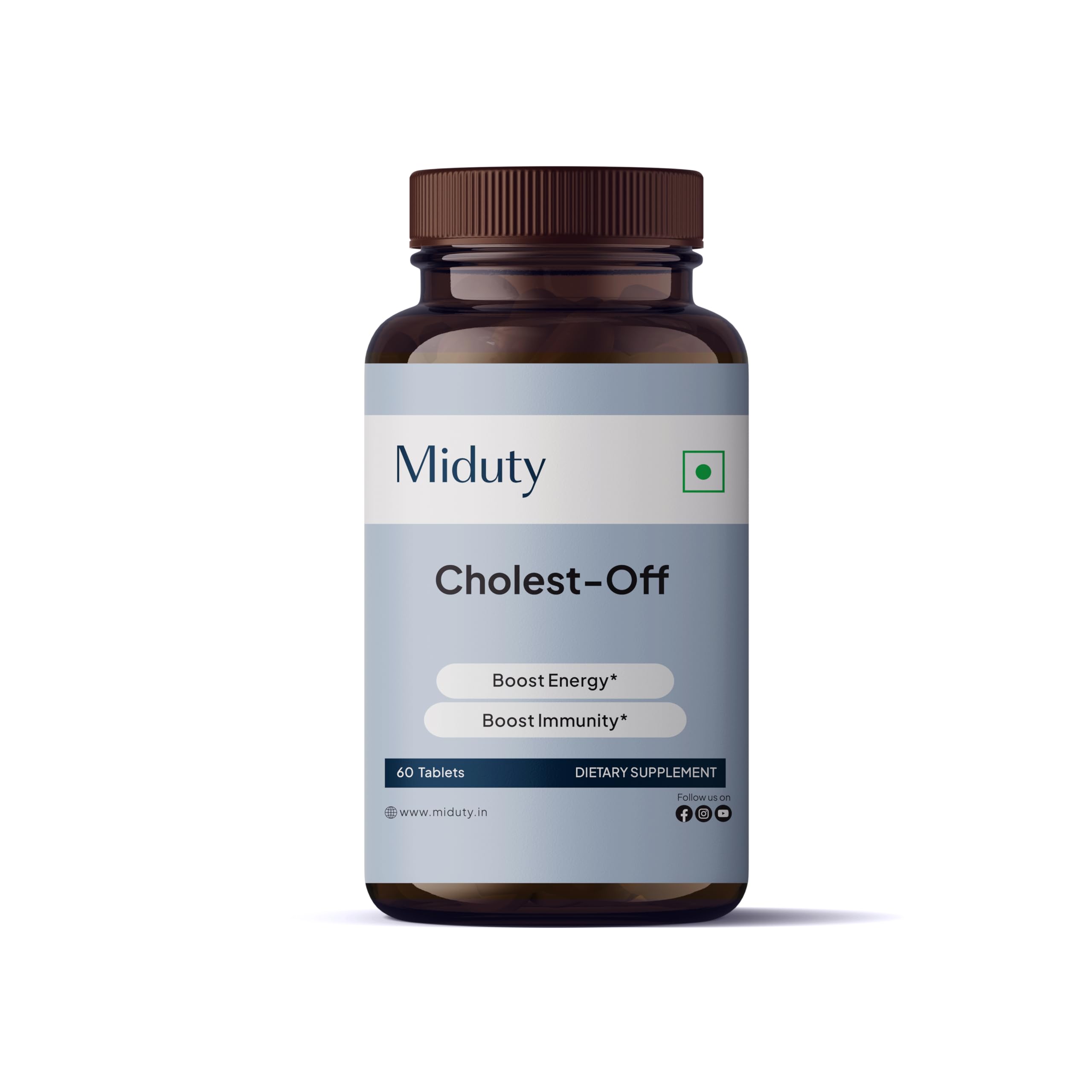 Miduty Palak Notes Cholest-Off bottle for gluten-free, non-GMO daily wellness.