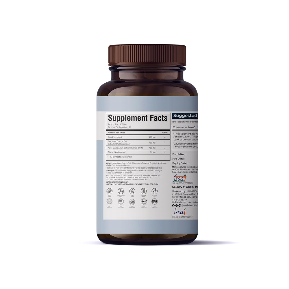 Miduty Palak Notes Cholest-Off label detail shows gluten-free, non-GMO formulation.