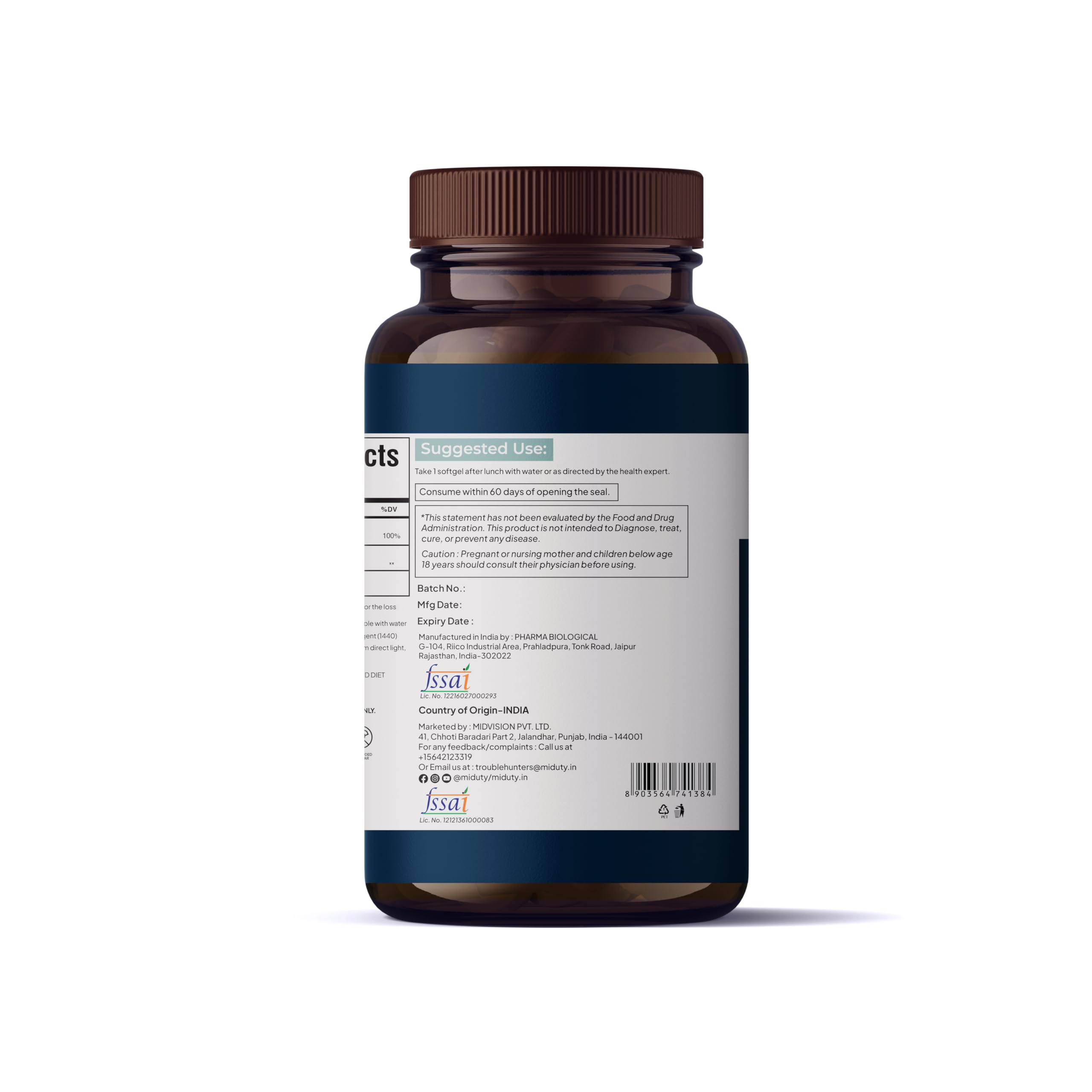 Miduty Palak Notes Vitamin E softgels bottle label highlights gluten free and non-GMO.