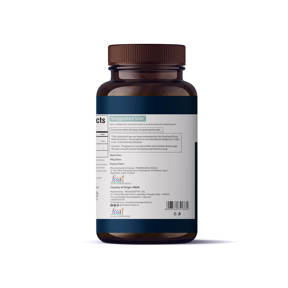 Miduty Palak Notes Vitamin E softgels bottle label highlights gluten free and non-GMO.