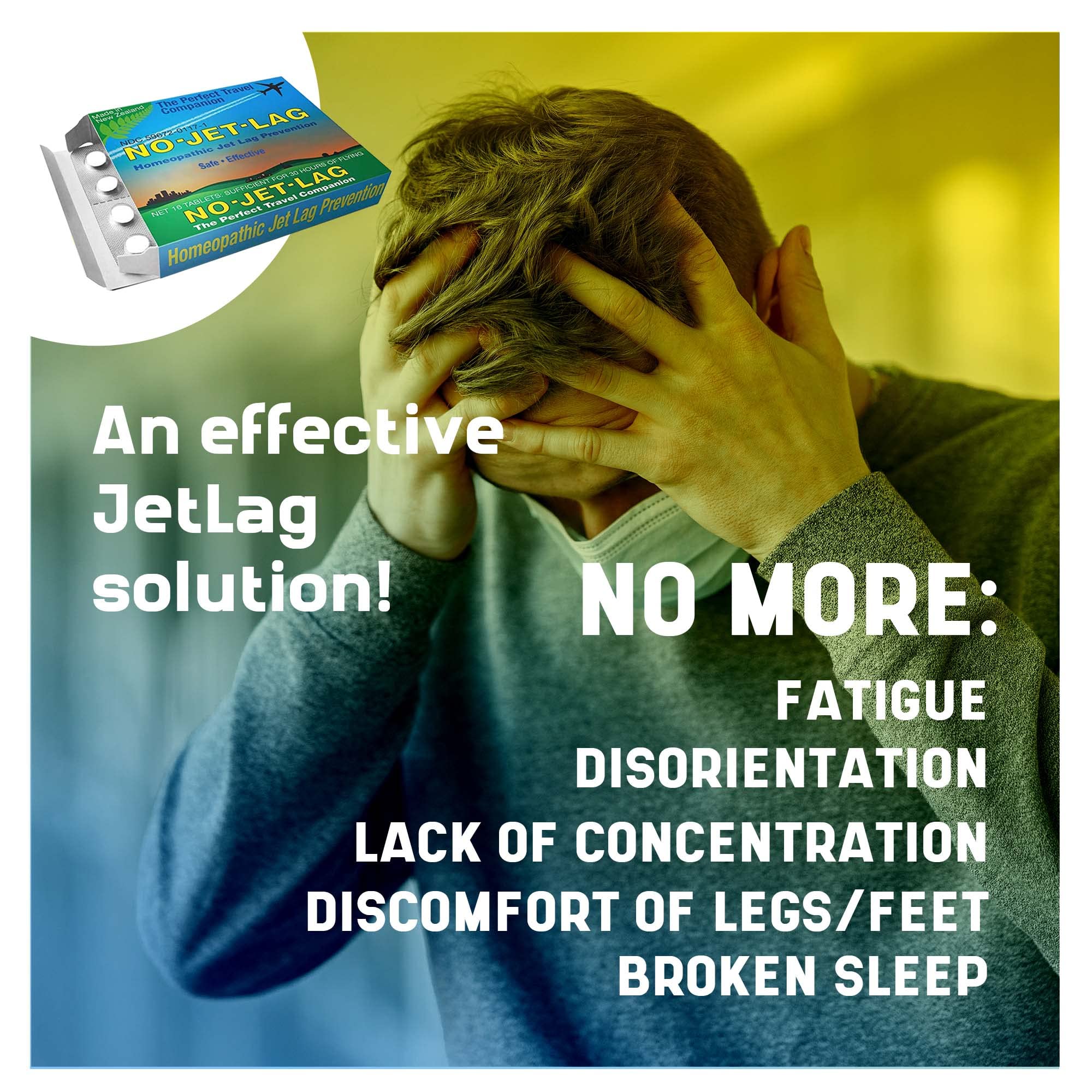 No Jet Lag packaging box showing two 32-tablet packs for long trips
