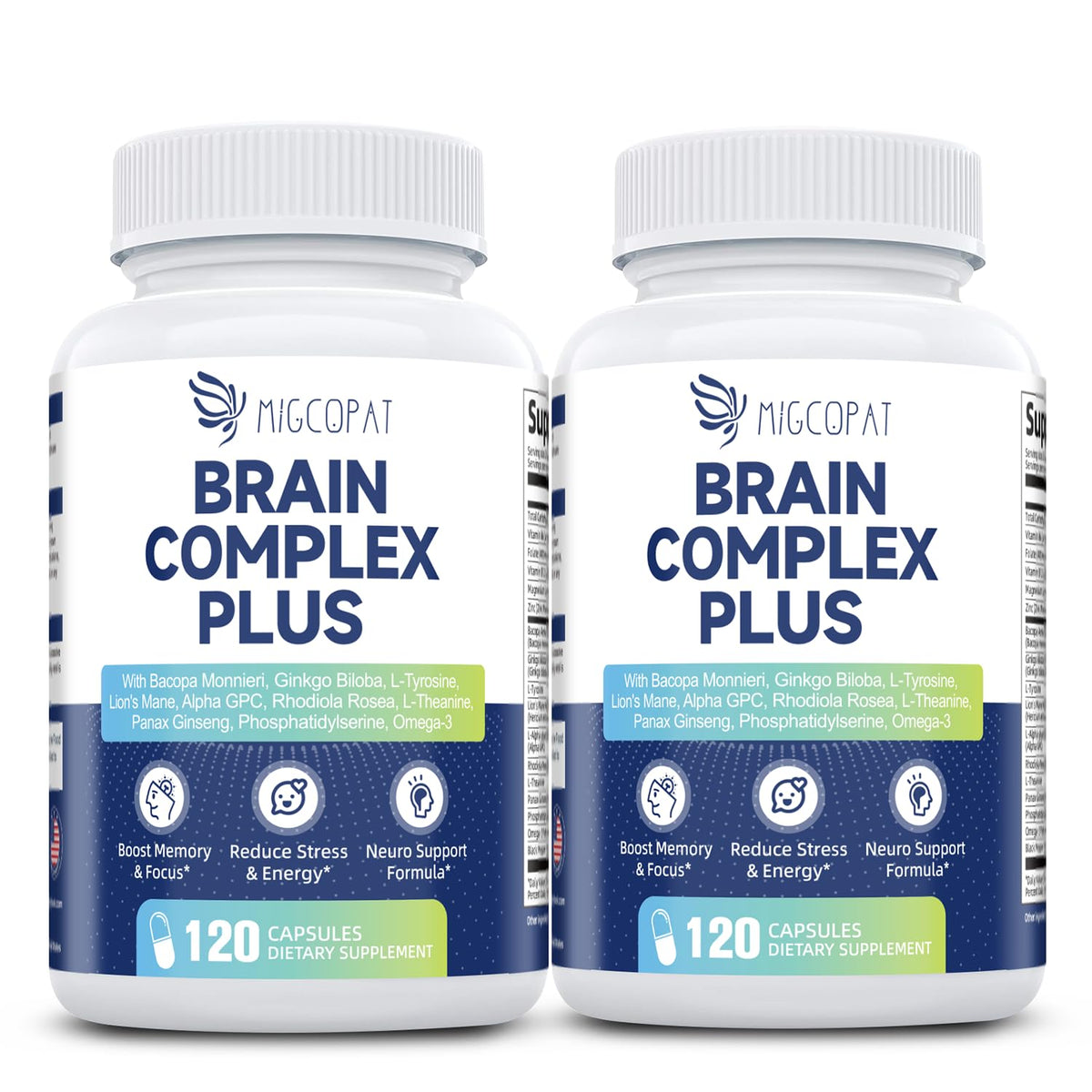 Migcopat 2-pack brain supplement bottle front for cognitive support