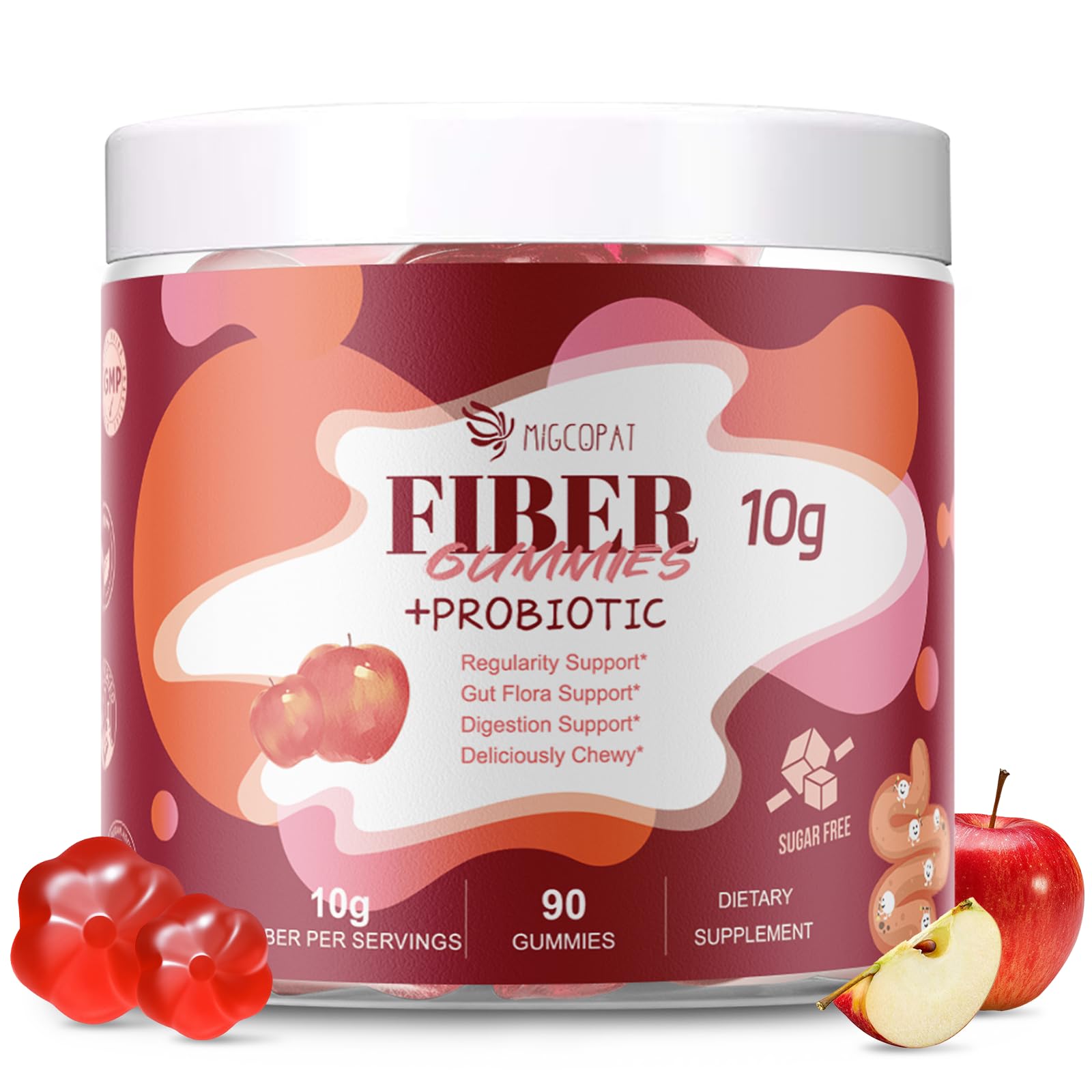 Migcopat bottle showing apple-flavored fiber gummies for daily fiber intake.