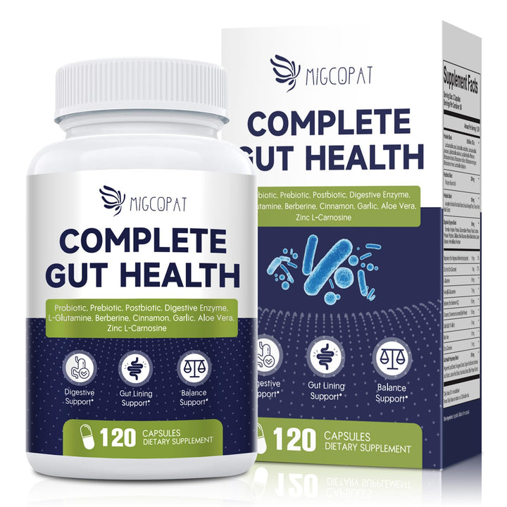 Migcopat bottle and capsules show daily gut support.