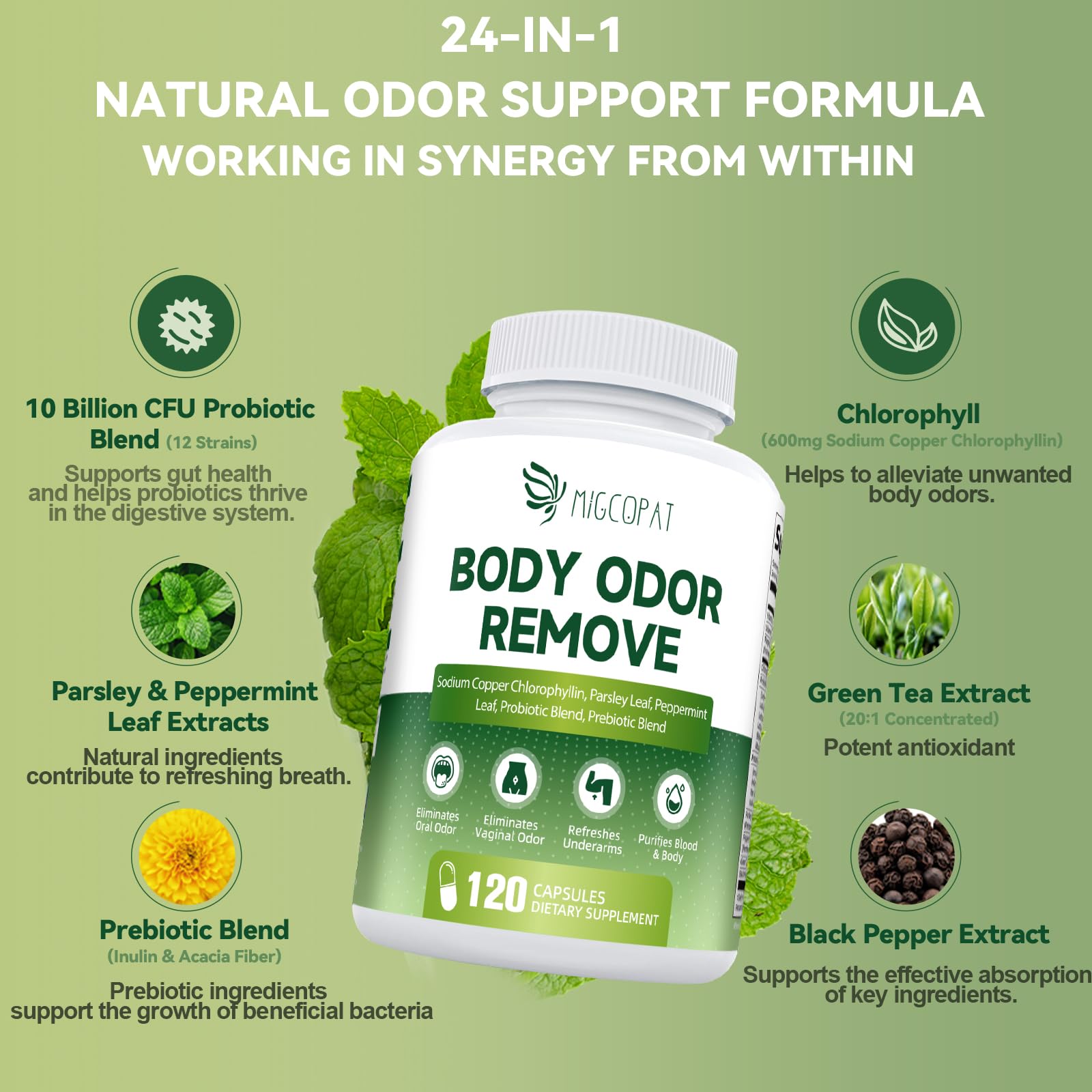Migcopat capsules close-up showing green chlorophyll pills for daily freshness.