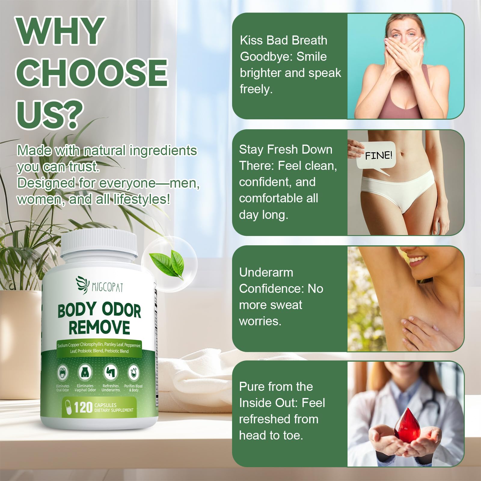 Migcopat green tea extract capsules conveying antioxidant-rich profile.