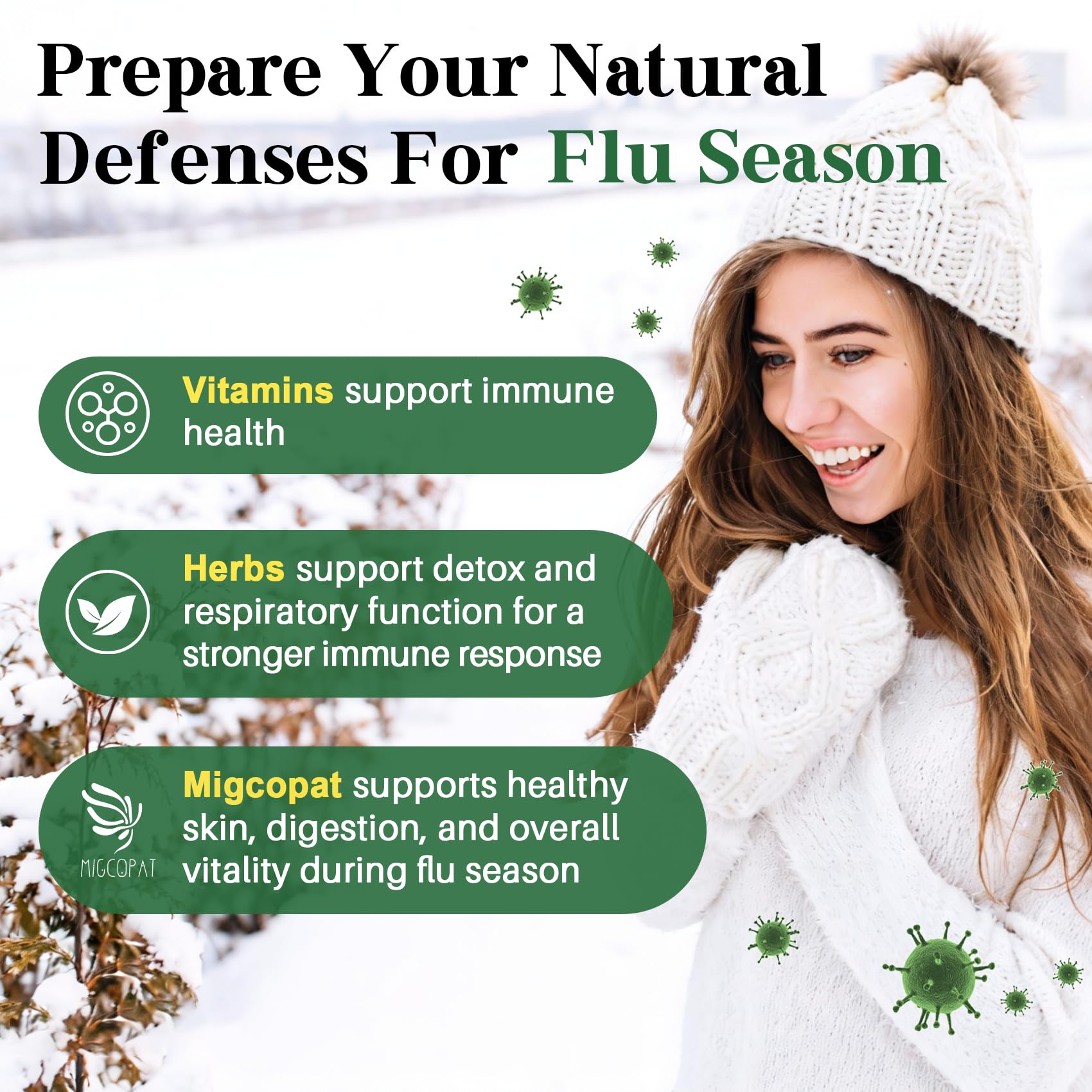 Migcopat ingredients collage highlights herbs and vitamins for wellness.