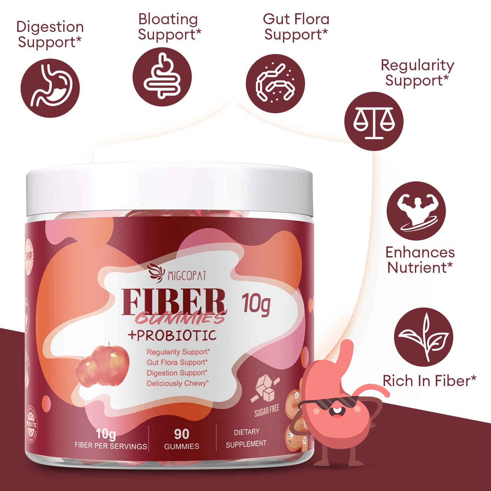 Migcopat probiotic blend bottle label indicating 10B CFU for gut-friendly support.