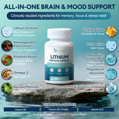 Migcopat Lithium Orotate Complex label closeup highlighting vegan, gluten-free brain health formula.