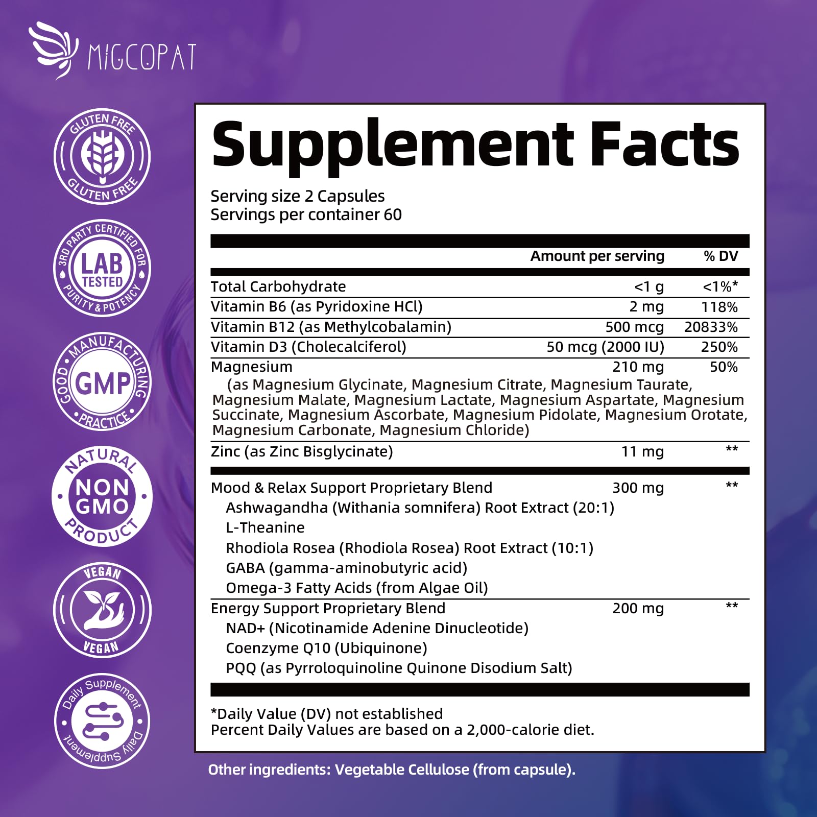 Migcopat Magnesium Complex bottle back shows ingredients and non-GMO quality for daily wellness.