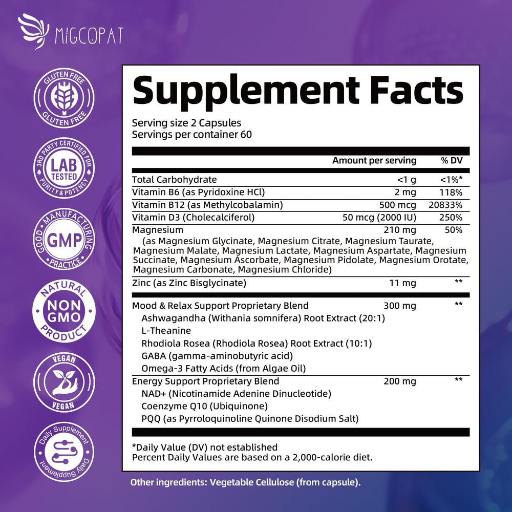Migcopat Magnesium Complex bottle back shows ingredients and non-GMO quality for daily wellness.