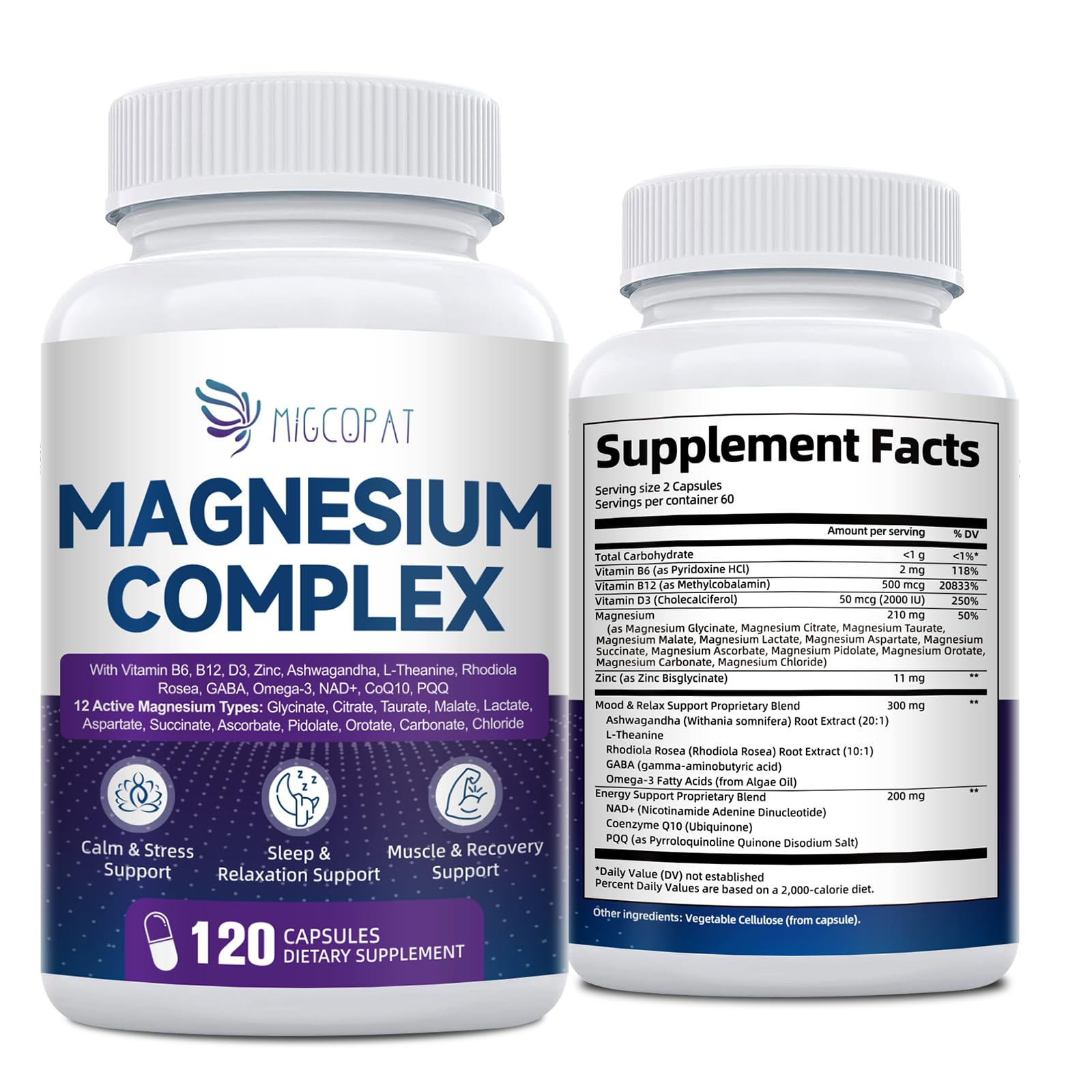 Migcopat Magnesium Complex bottle front showing label and 120 vegan capsules for daily calm.