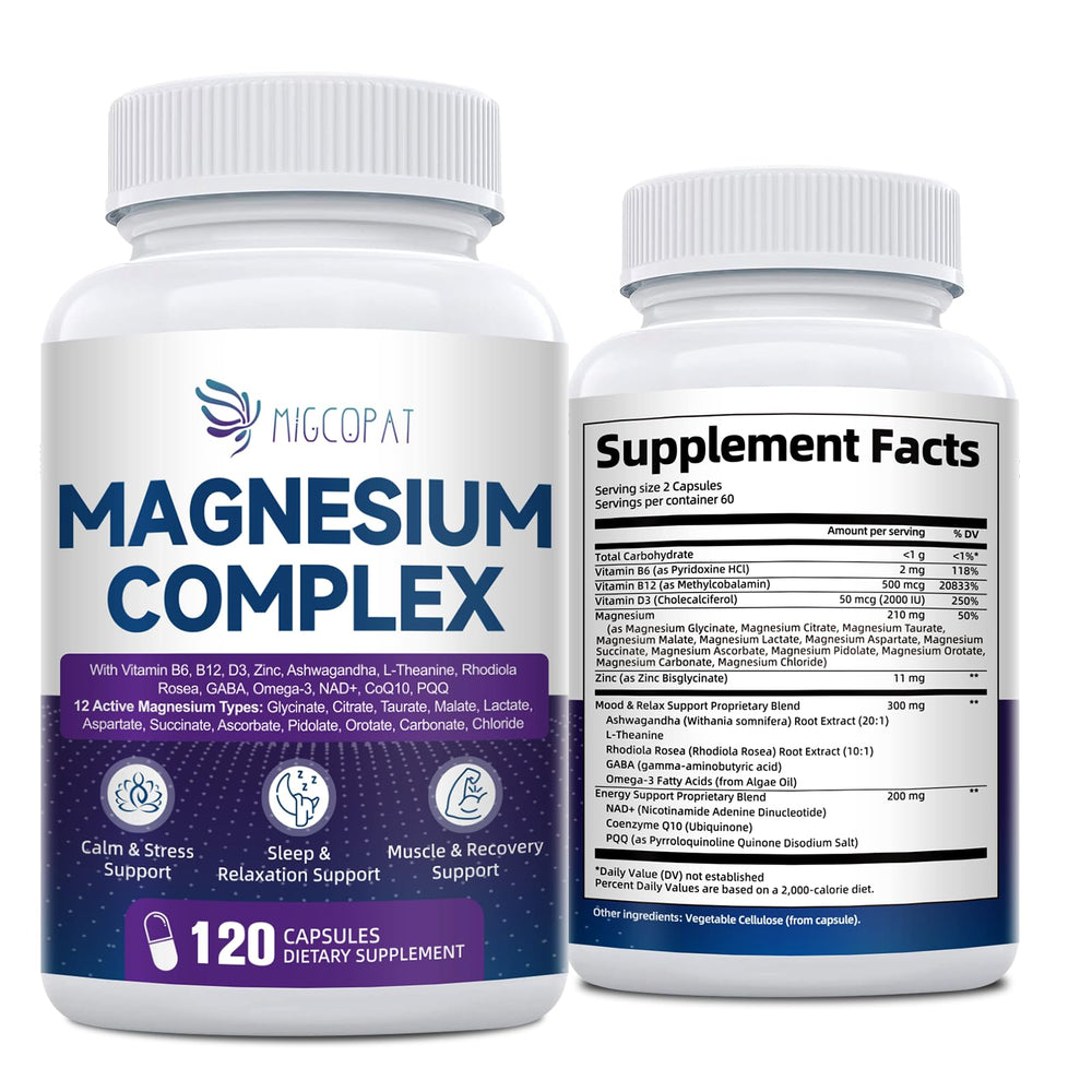 Migcopat Magnesium Complex bottle front showing label and 120 vegan capsules for daily calm.