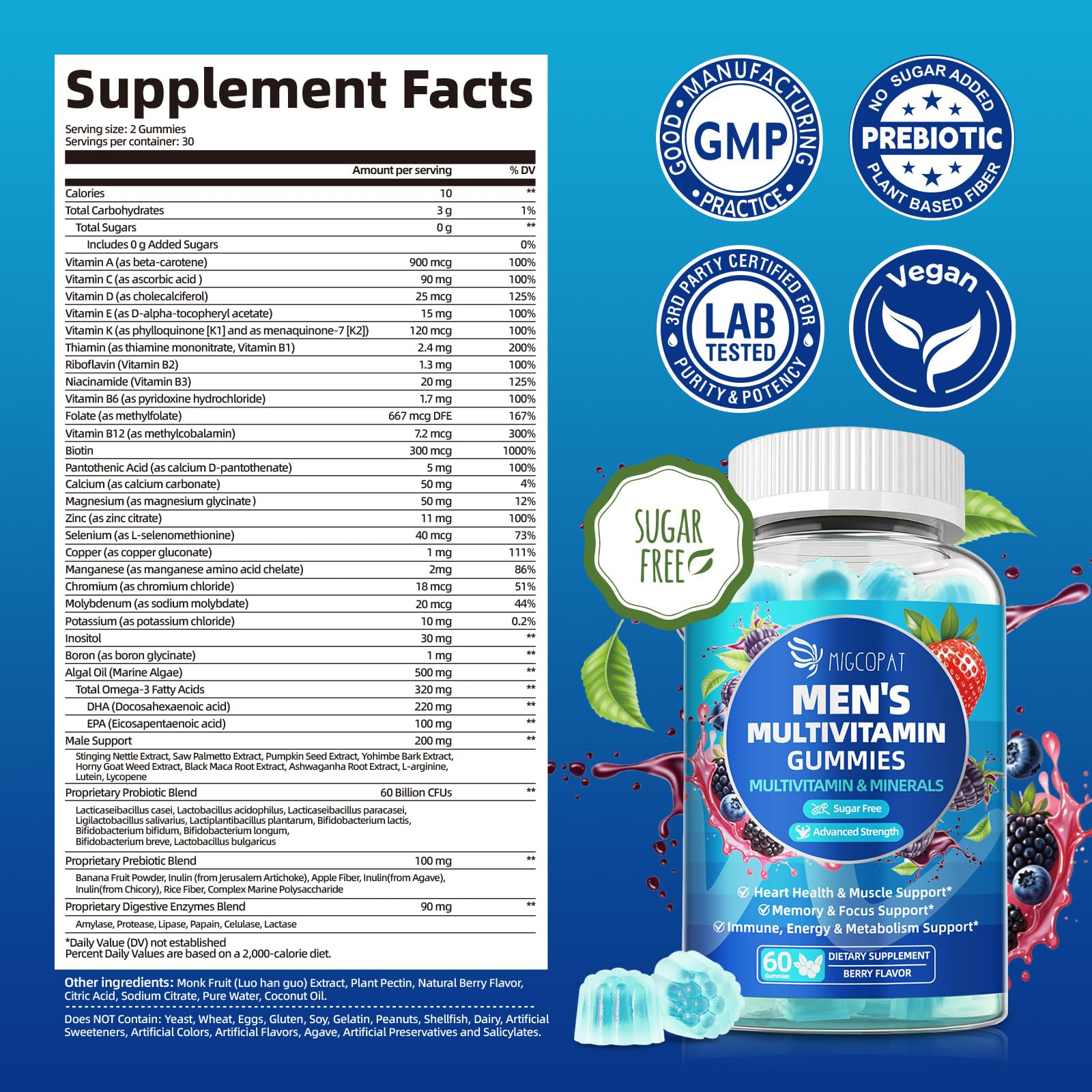 Migcopat Mens Multivitamin Gummies close-up showing tasty berry flavor and easy daily use