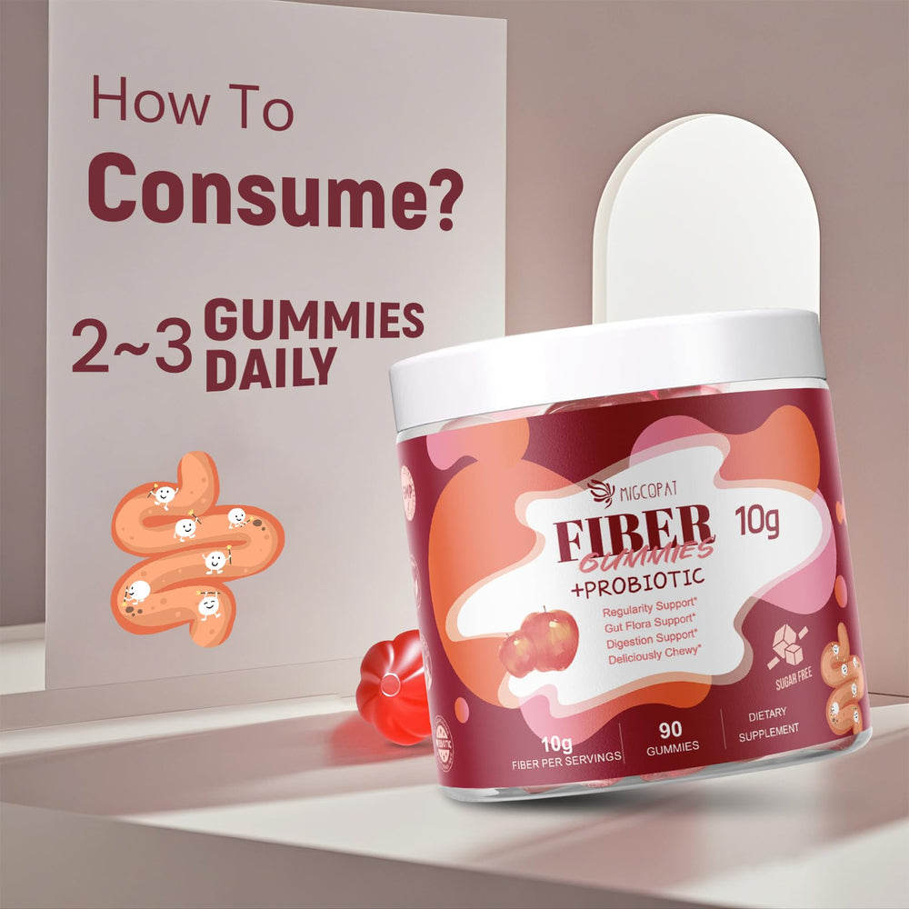 Nutrition facts panel on Migcopat gummies highlights 10G fiber per serving.