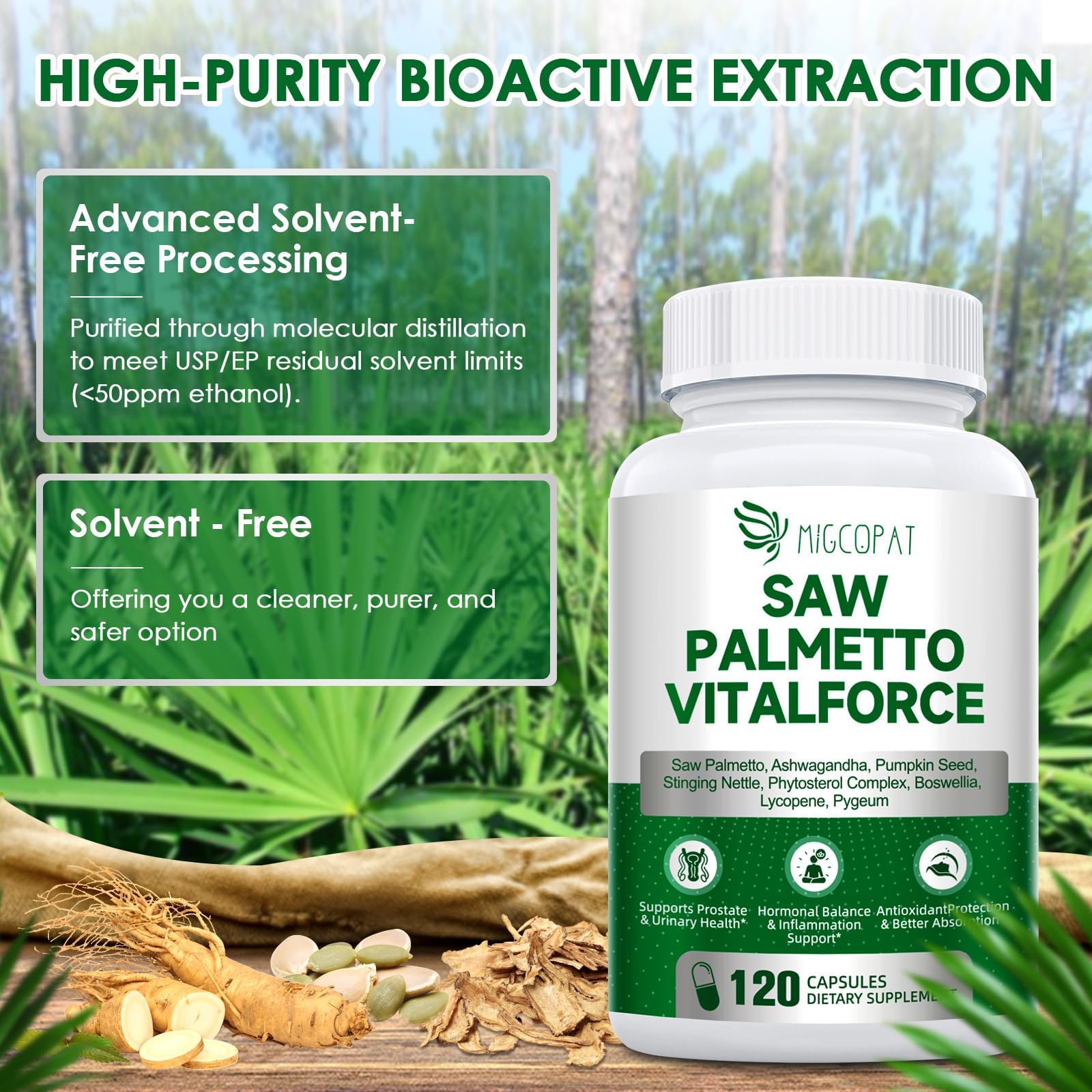 Migcopat saw-palmetto capsules closeup highlights easy-to-swallow daily capsules.