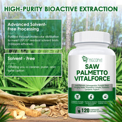 Migcopat saw-palmetto capsules closeup highlights easy-to-swallow daily capsules.