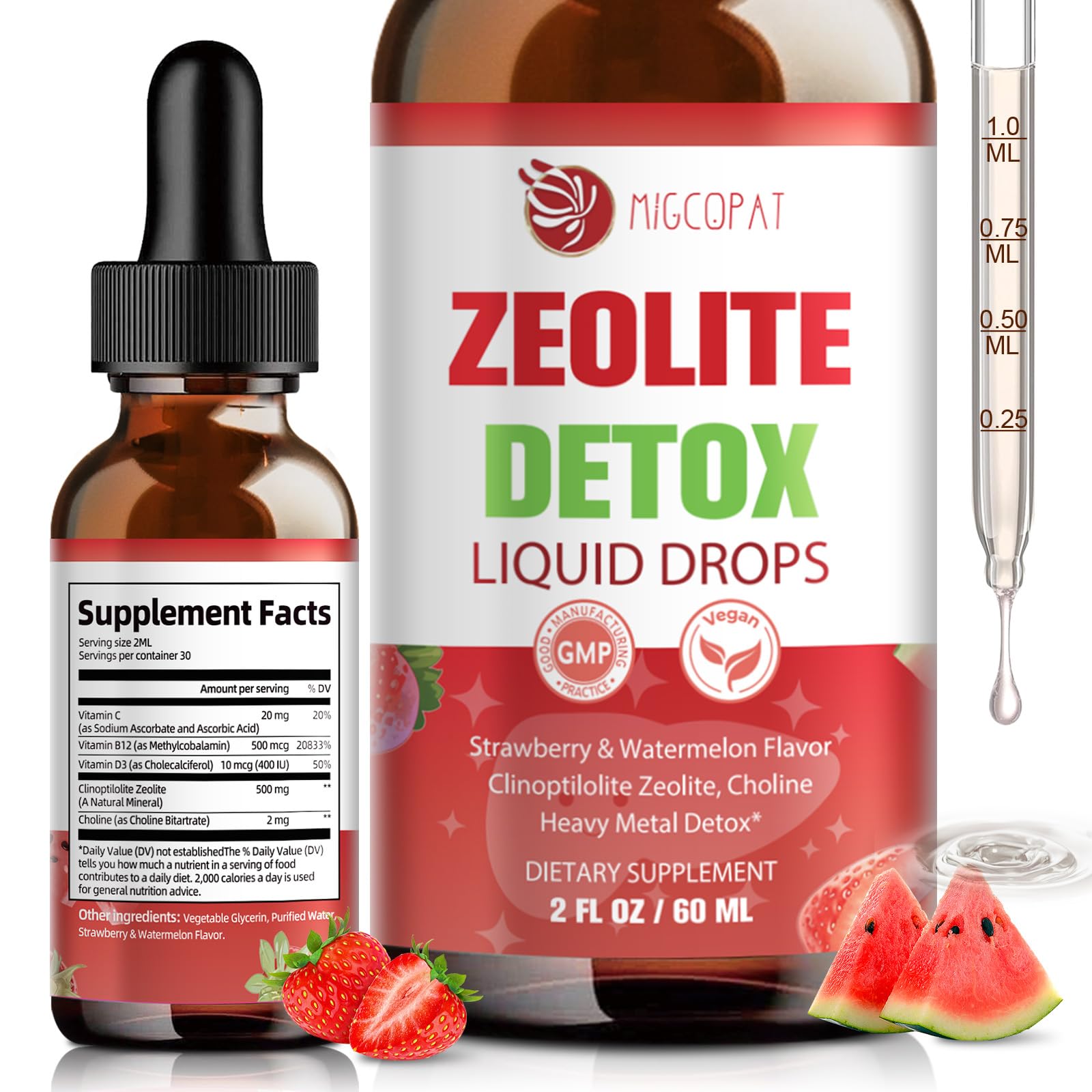 Migcopat Zeolite Detox Drops bottle cap close-up for easy daily dosing