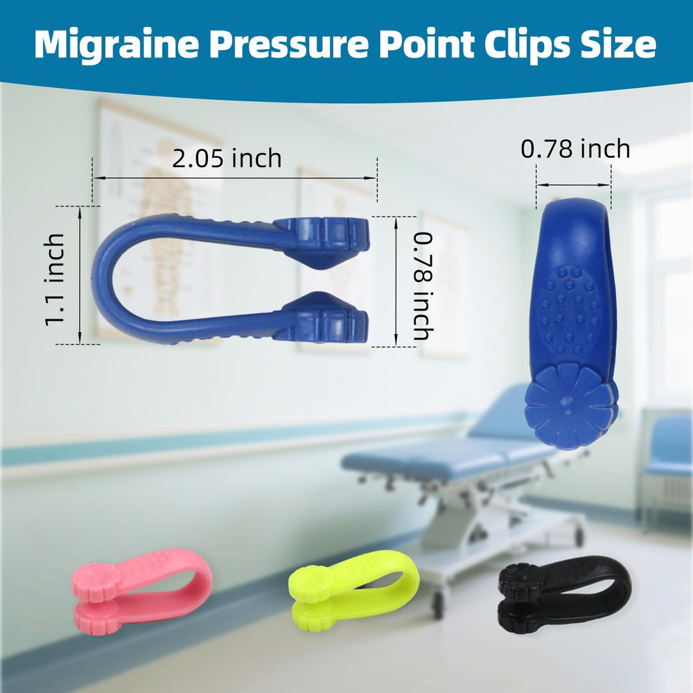 Migraine Pressure Point Clips blue on hand supporting stress relief at work.