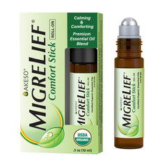 MigreLief Comfort Stick bottle front view with organic oils for quick aromatherapy