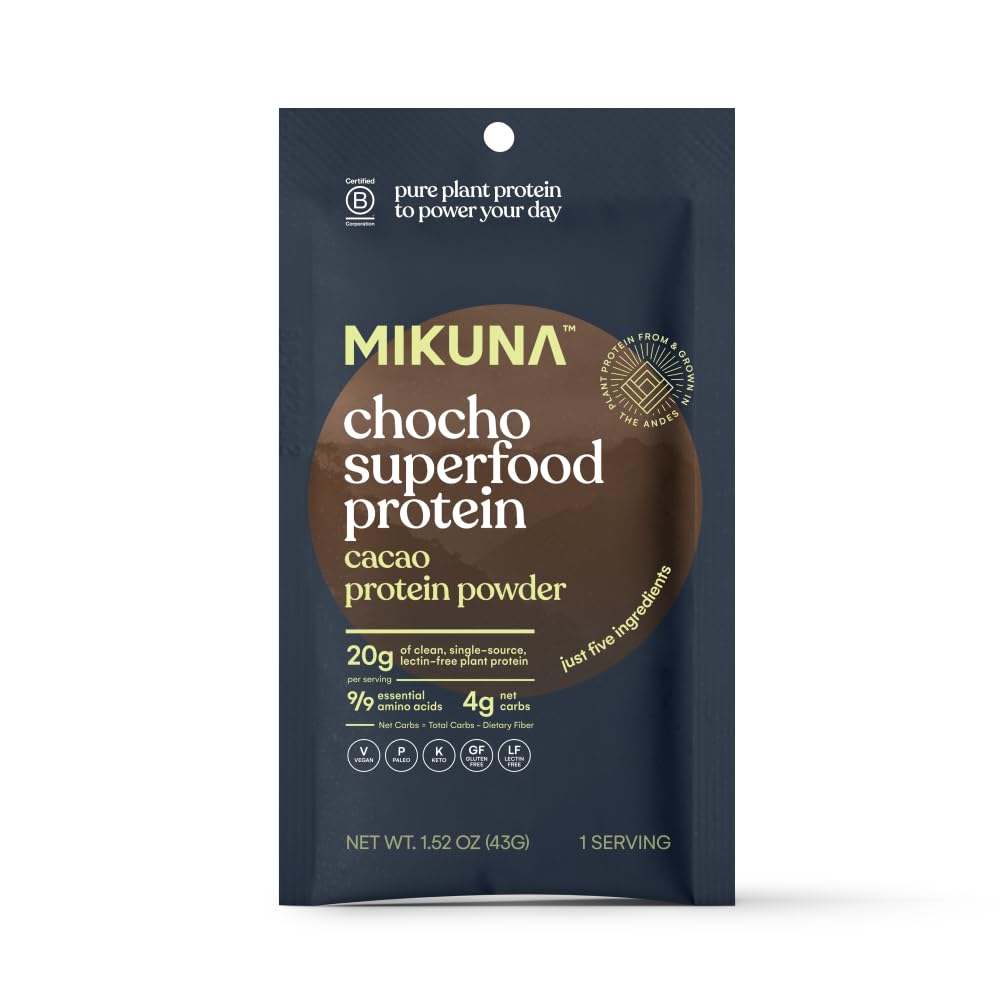Mikuna Chocho protein powder bottle shows plant-based protein for workouts