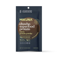 Mikuna Chocho protein powder bottle shows plant-based protein for workouts