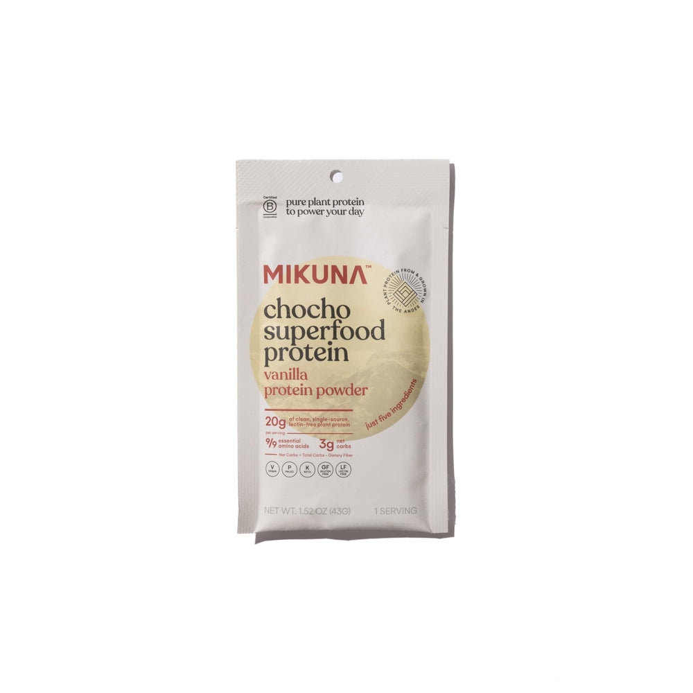 Mikuna Chocho Protein scoop demonstrates convenient, measured portions for on-the-go protein