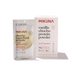 Mikuna Chocho Protein Vanilla packaging showcases gluten-free, plant-based nutrition for everyday meals