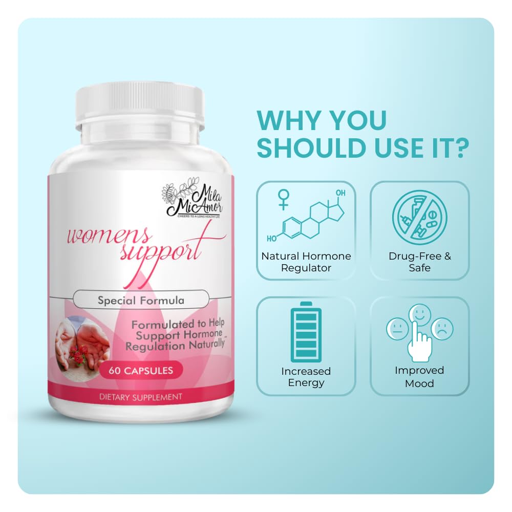 Mila Miamor Women's Support capsules close-up highlighting natural ingredients for hormone balance