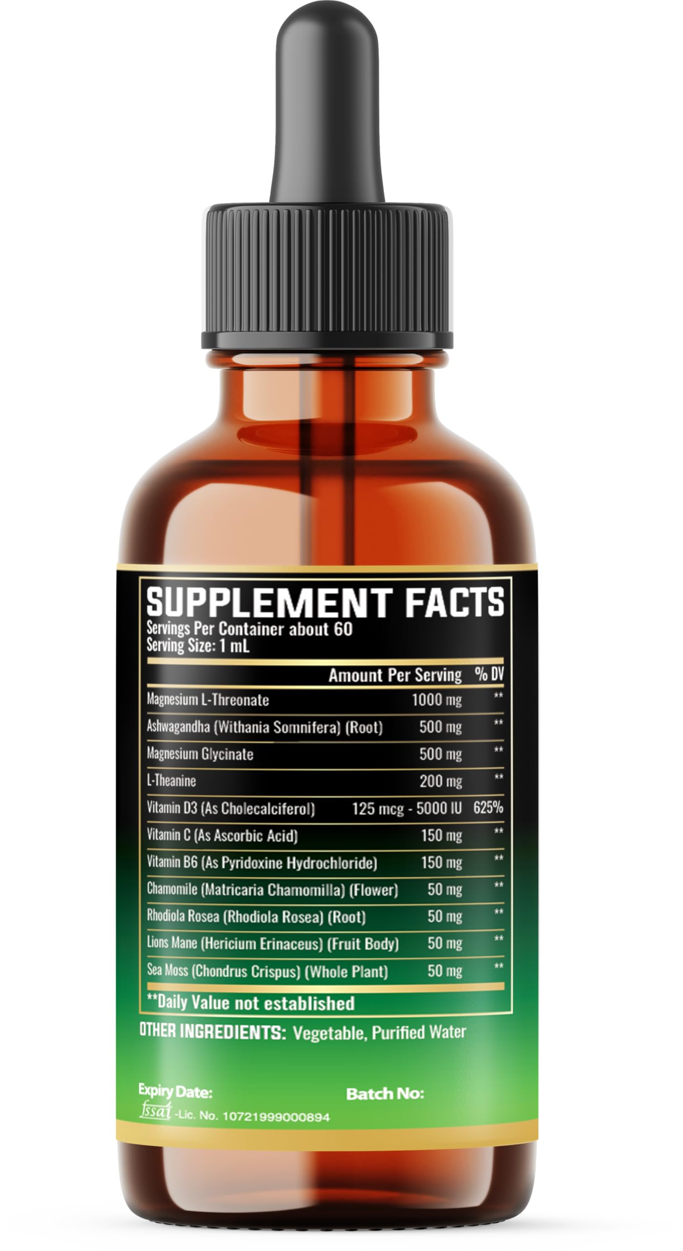Rhodiola Rosea and Lion's Mane accents indicate cognitive wellness potential.