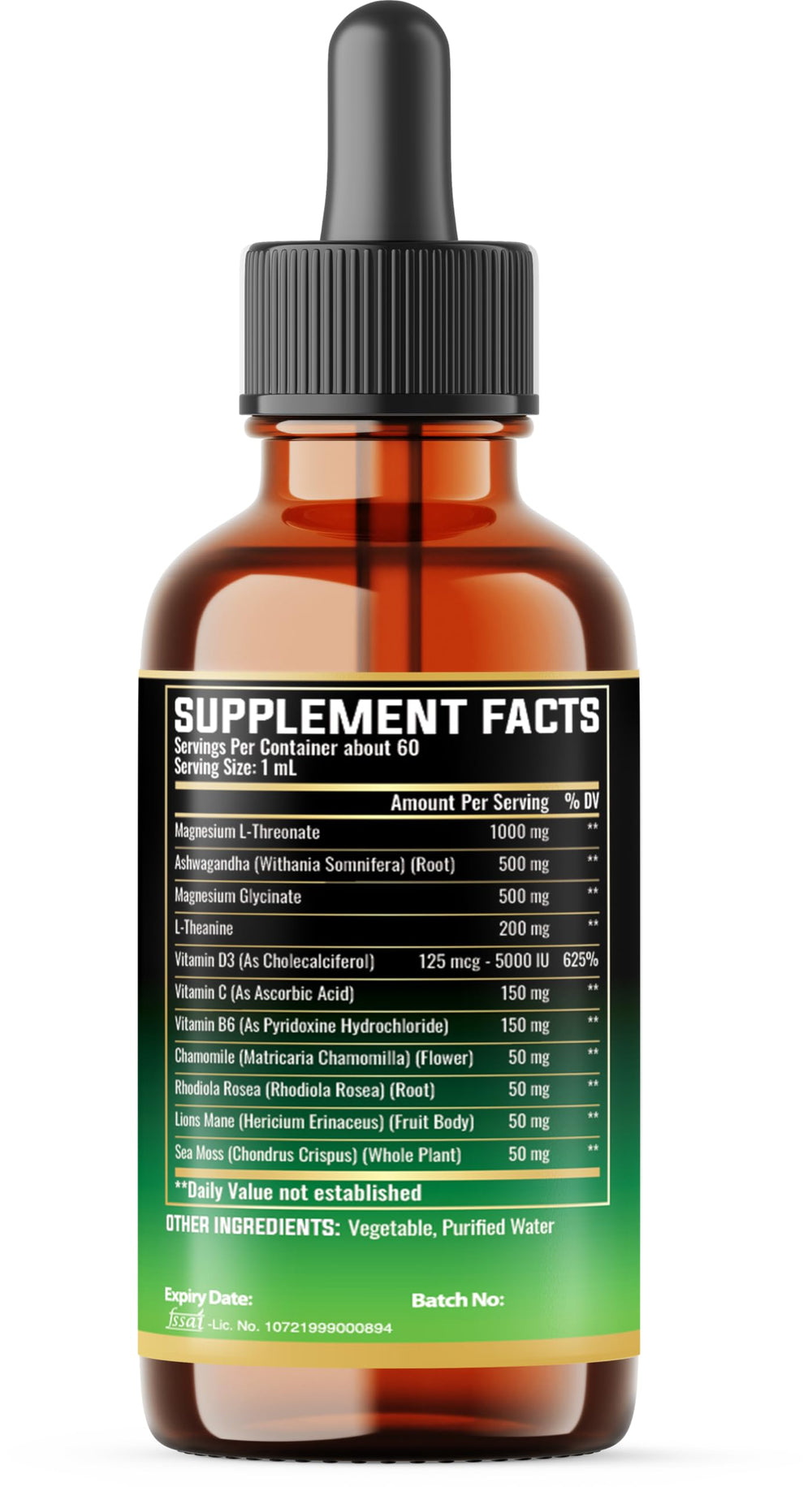 Rhodiola Rosea and Lion's Mane accents indicate cognitive wellness potential.