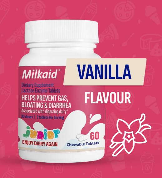 Milkaid Junior dairy digestive support for kids in tasty chewable form.
