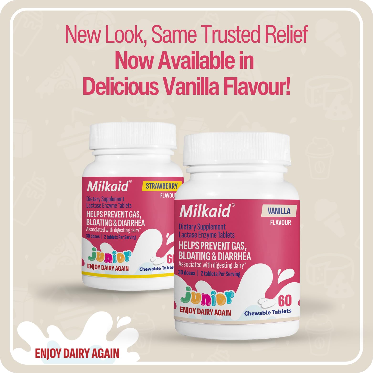 Milkaid Junior vanilla chewables on the go for dairy meals outside home.