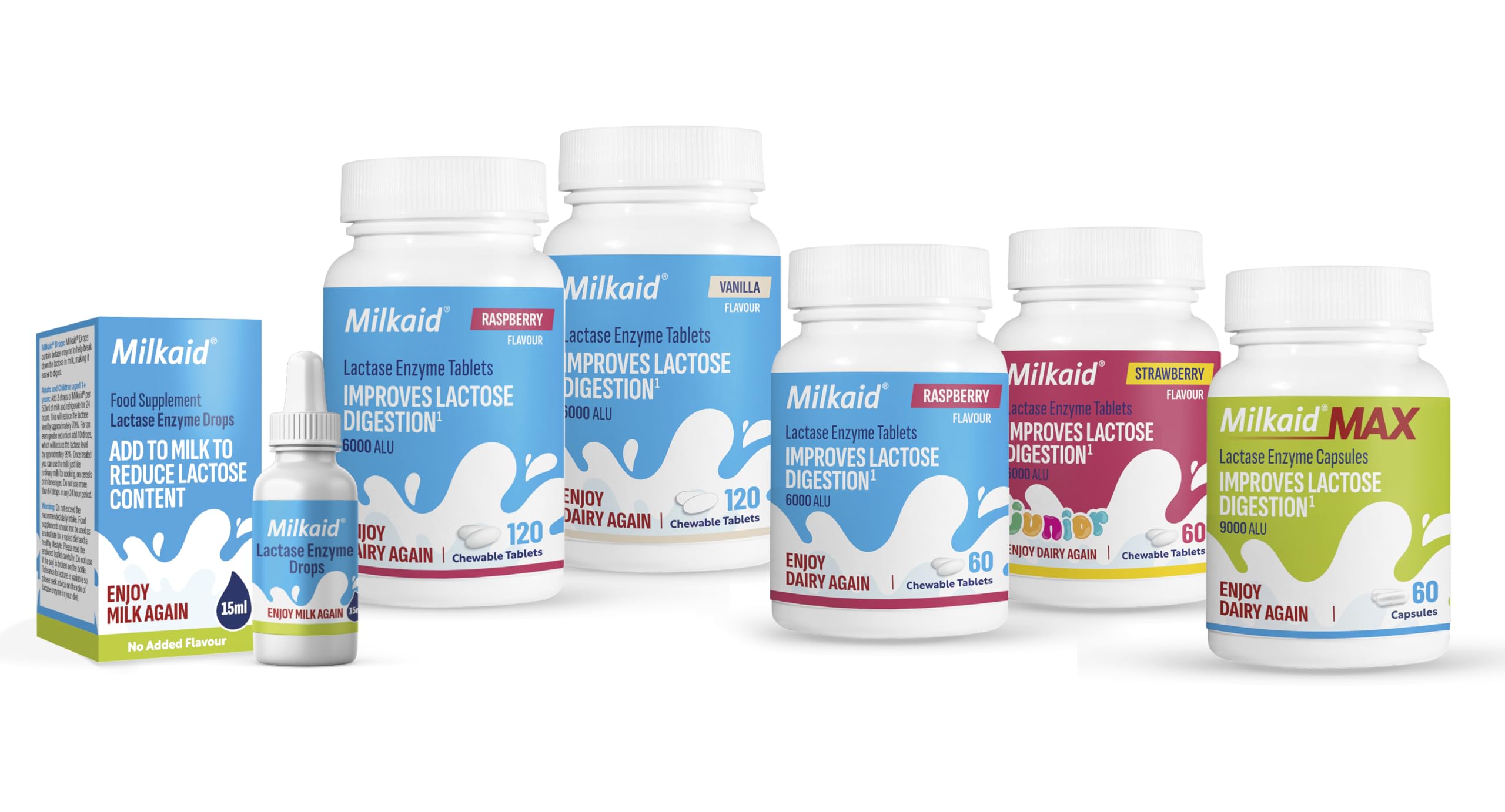 Milkaid bottle displayed beside dairy ingredients to suggest suitability