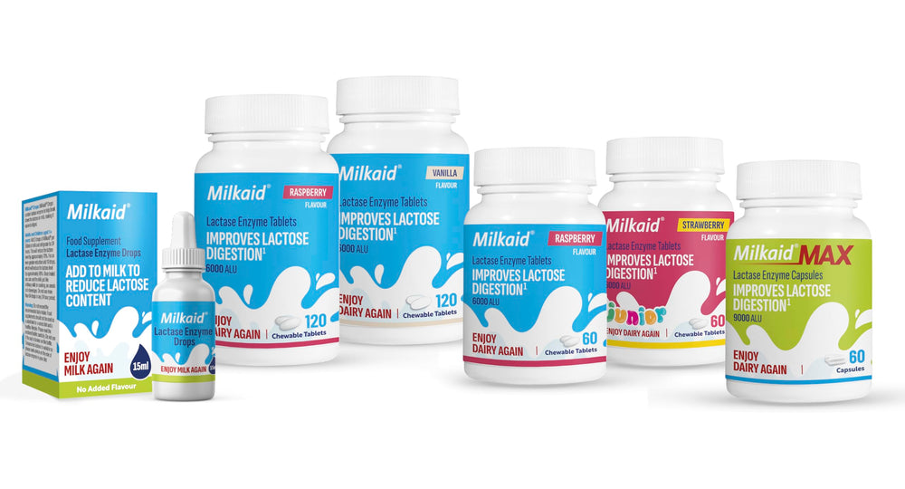 Milkaid bottle displayed beside dairy ingredients to suggest suitability