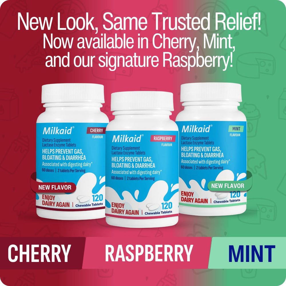 Milkaid raspberries with a dairy dessert scene suggesting a tasty digestion aid