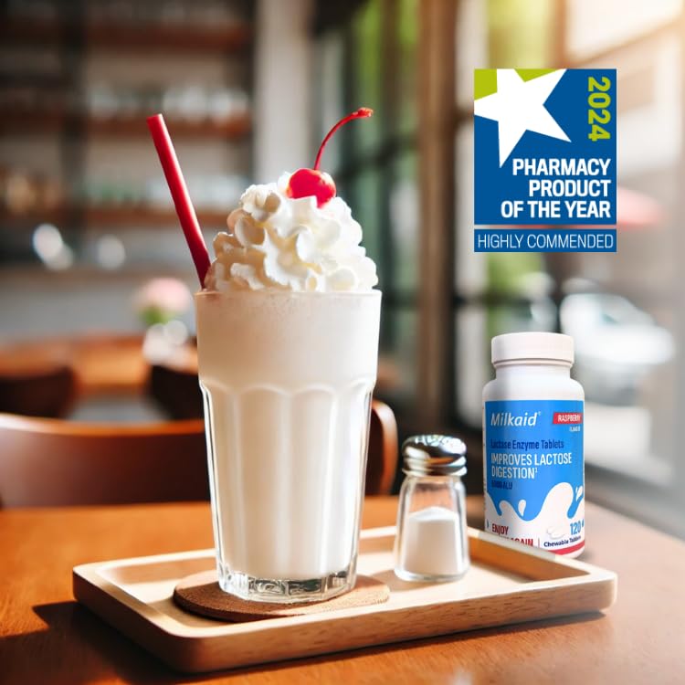 Milkaid lactase enzyme chewable bottle and blister highlights convenient packaging.