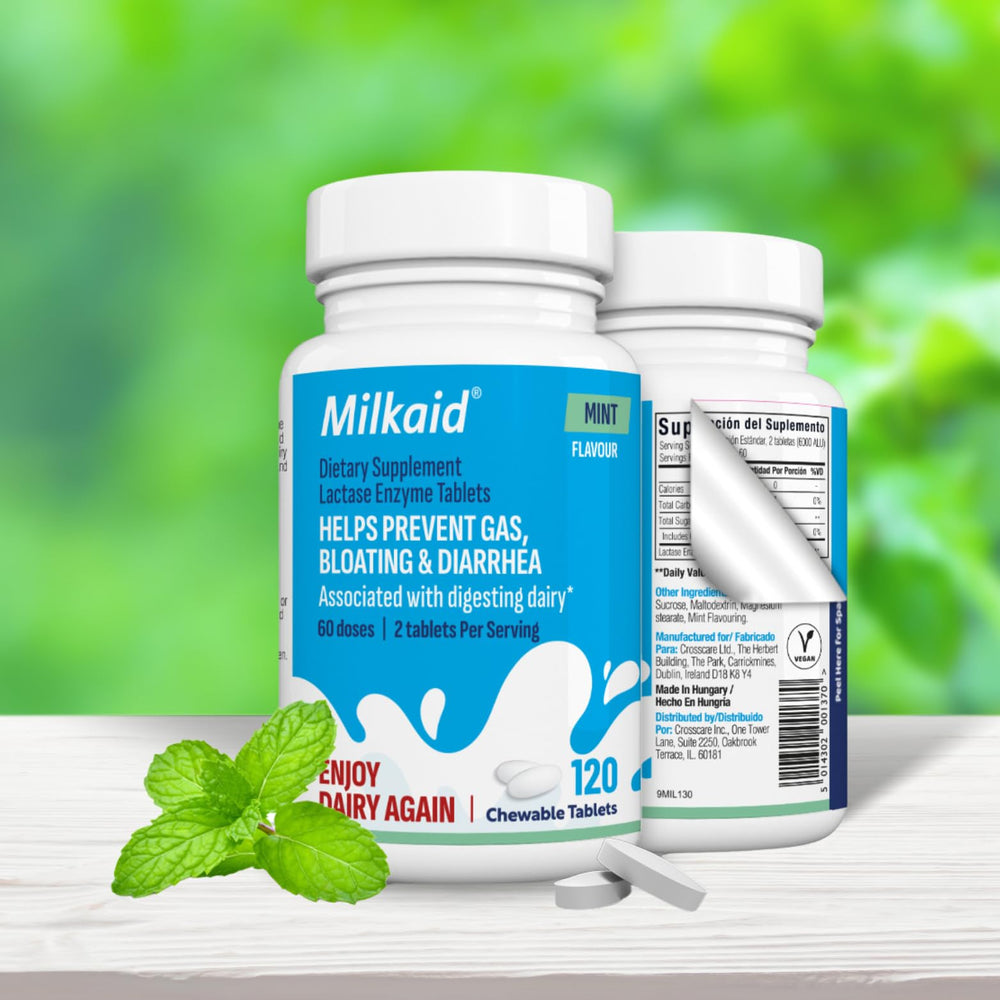 Milkaid lactase tablets bottle and background conveys pantry-friendly packaging.