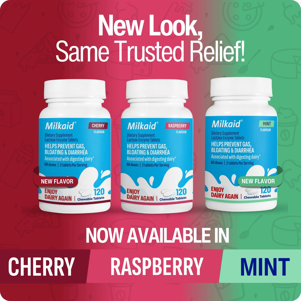 Milkaid lactase tablets gluten-free vegetarian visual communicates dietary suitability.