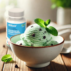 Milkaid lactase tablets mint chew close-up highlighting mint flavor and chewability.