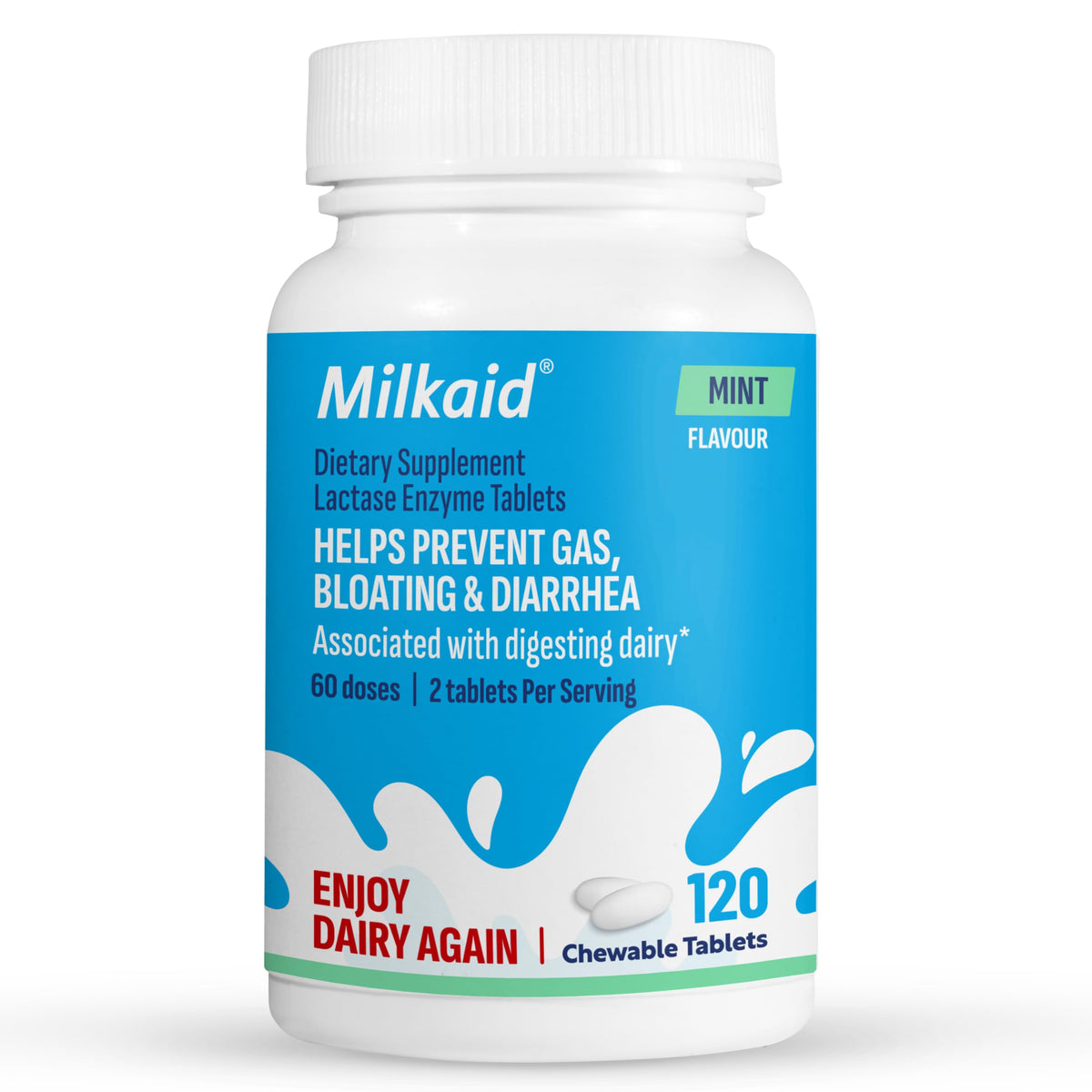 Milkaid lactase tablets pack shot showing convenient dairy digestion support.