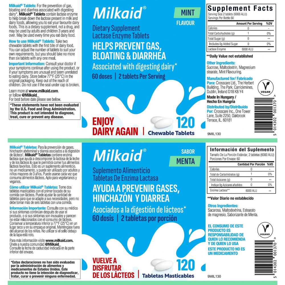 Milkaid tablets take-before-dairy shows easy pre-meal use.