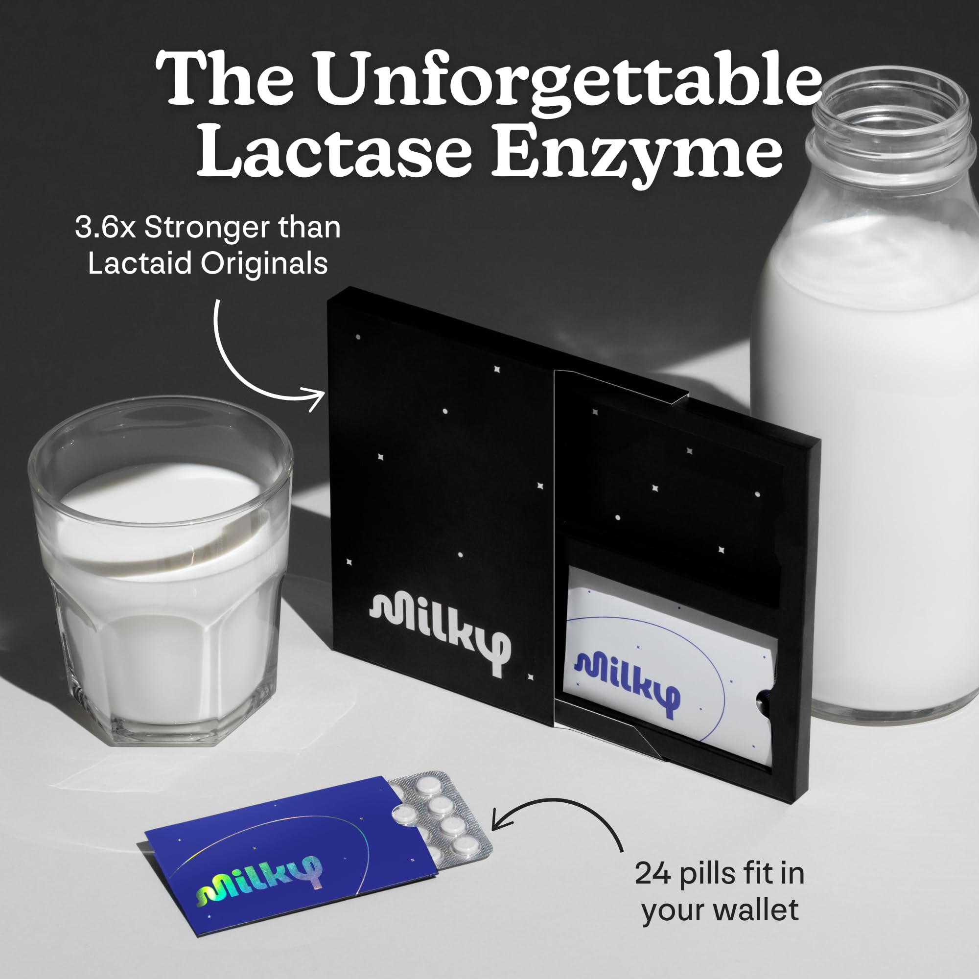 On-the-go dining scene with Milky pills for dairy freedom.