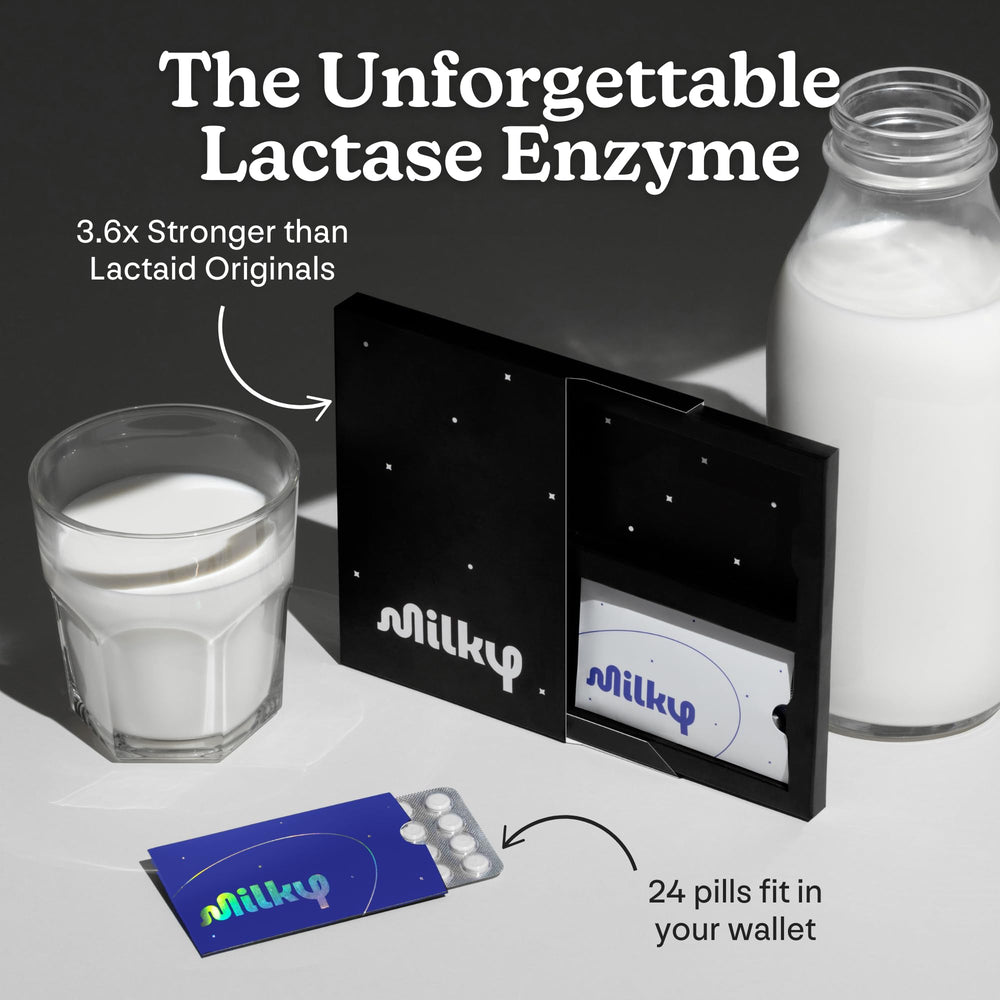 On-the-go dining scene with Milky pills for dairy freedom.