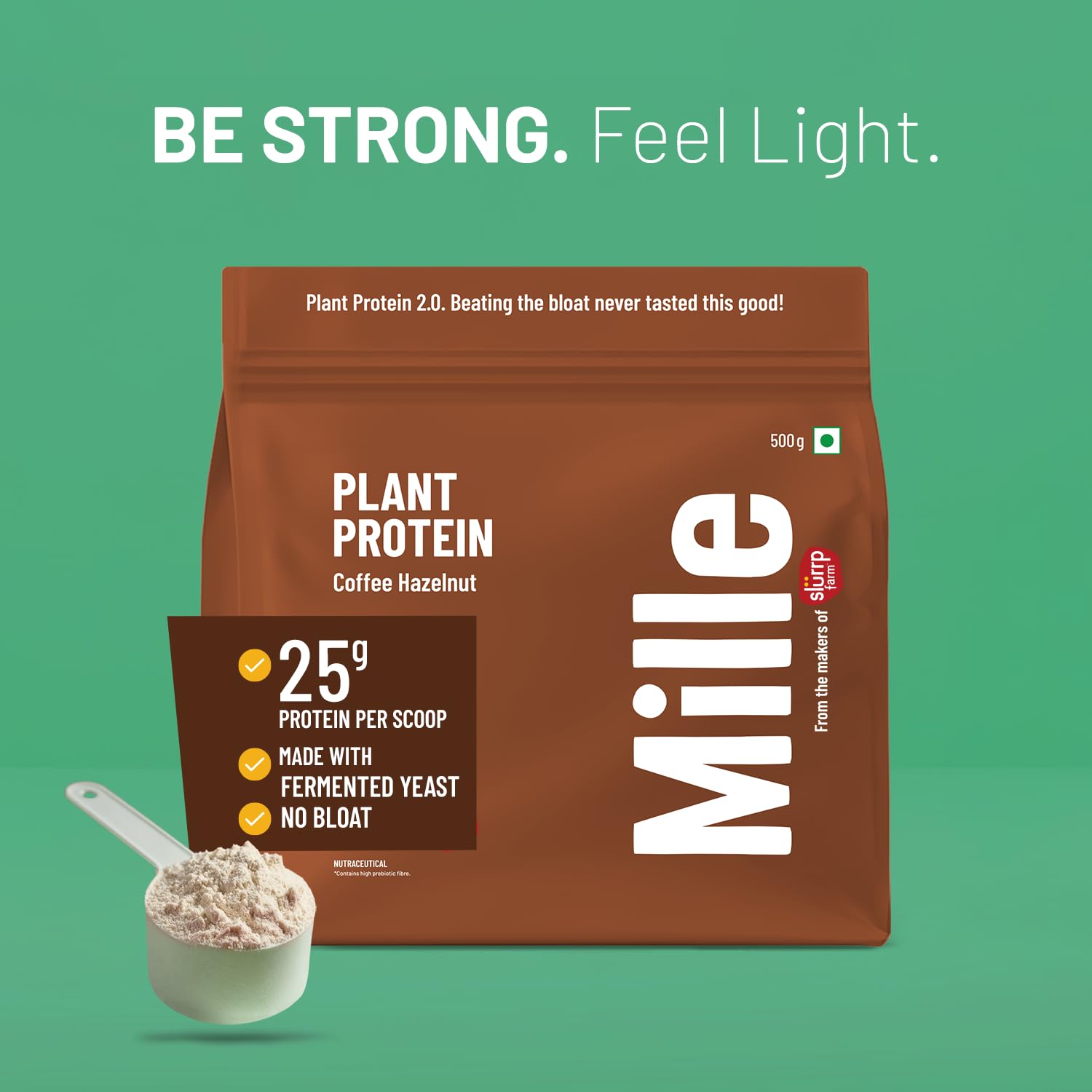 Millé Coffee Hazelnut protein scoop close-up showing easy mixing.