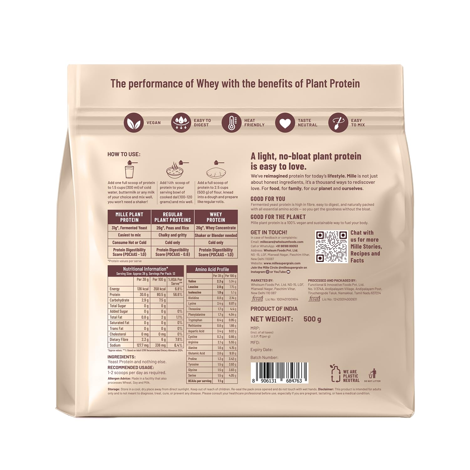 Mille Plant Protein unflavored bag emphasizes clean ingredients for versatile meals.