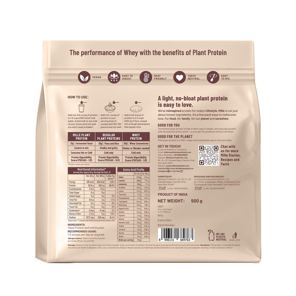 Mille Plant Protein unflavored bag emphasizes clean ingredients for versatile meals.