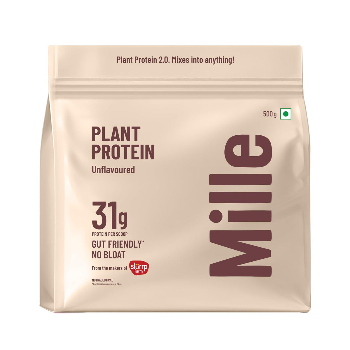 Mille Plant Protein unflavored bottle highlights high protein plant nutrition for daily meals.