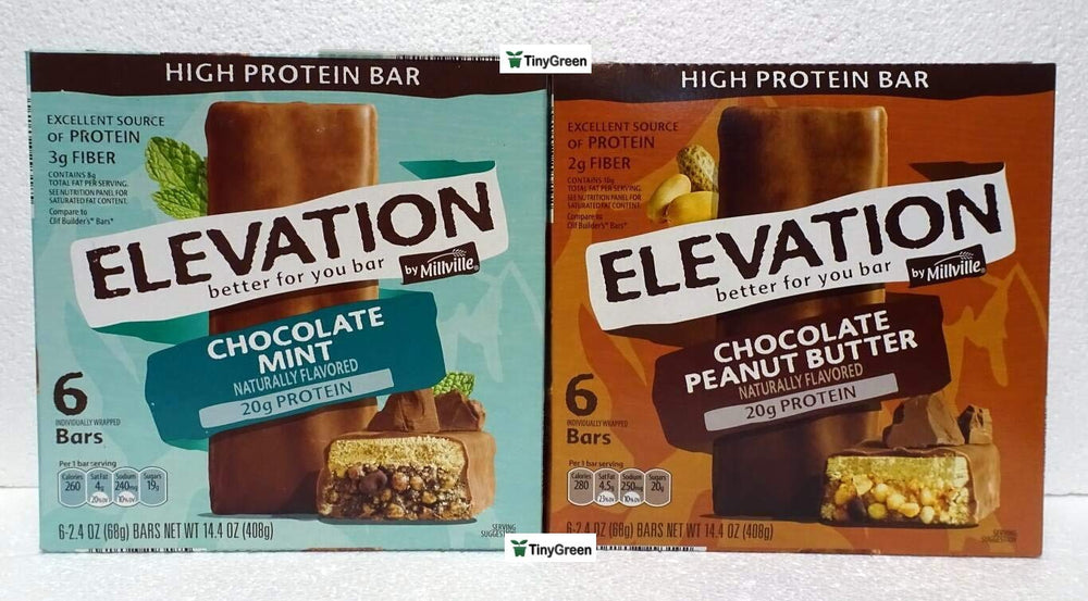 Millville Elevation mint chocolate bar, portable high-protein snack for on-the-go energy.