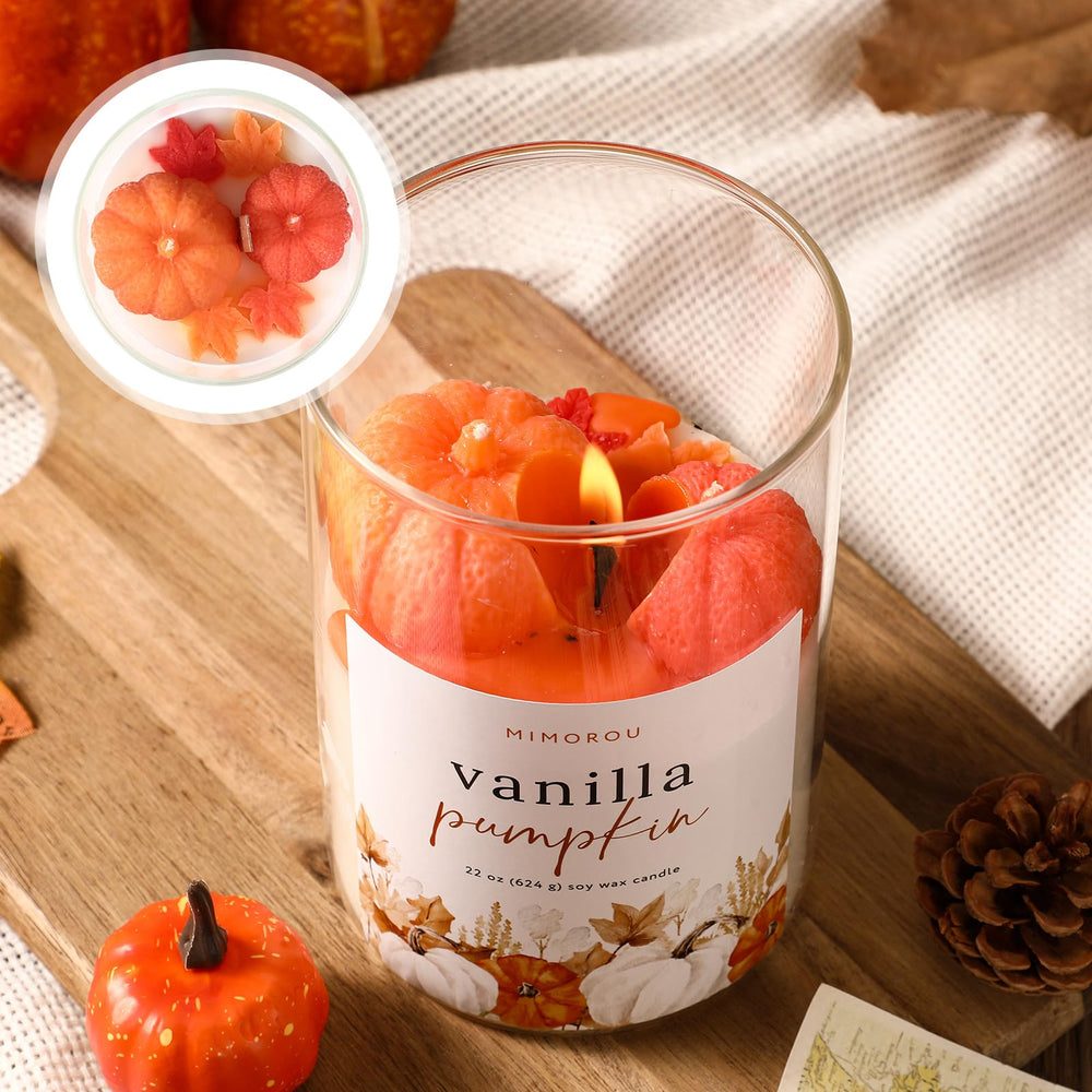 Mimorou pumpkin candle includes decorative stickers to enhance fall decor.